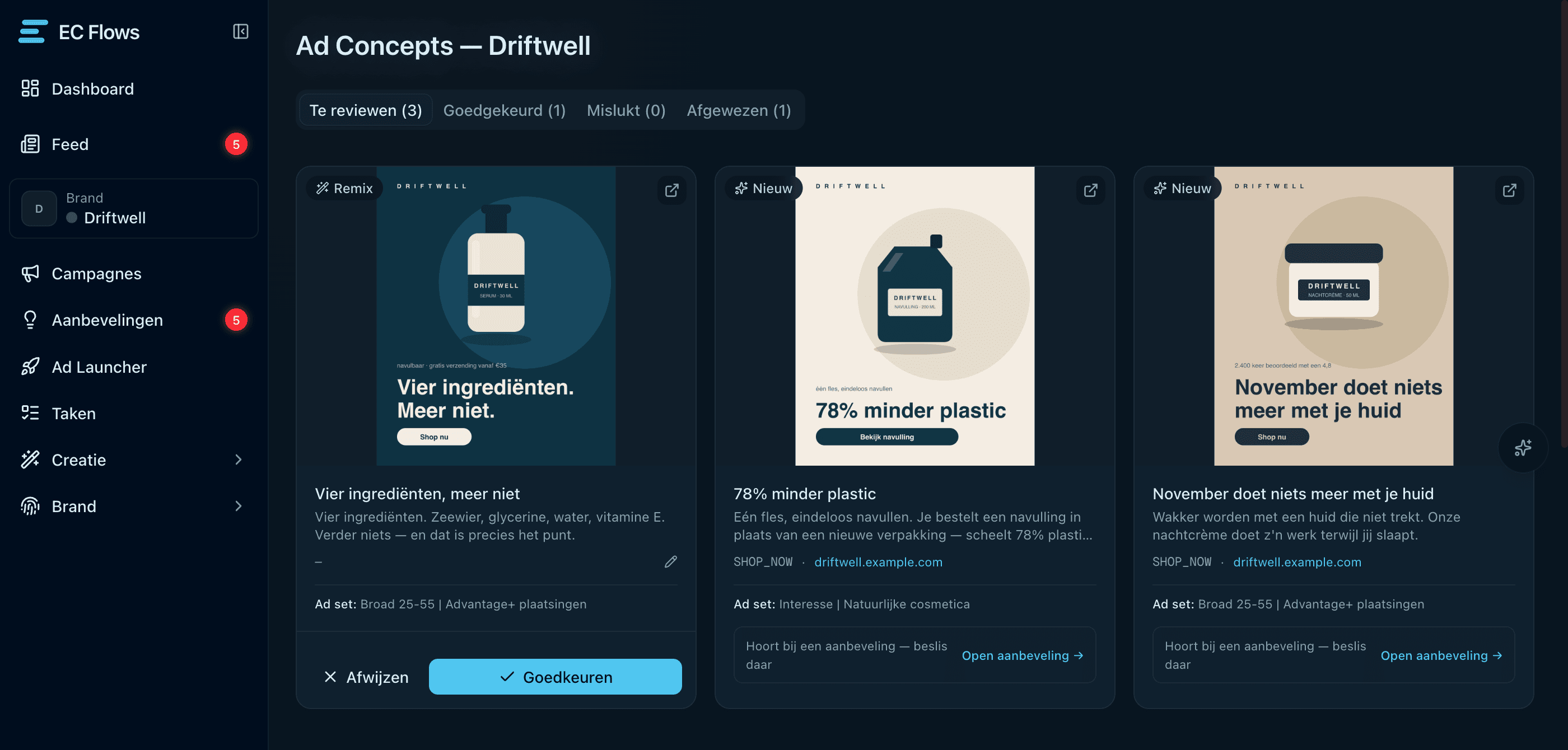 Drie nieuwe advertenties ter beoordeling, elk met beeld, tekst en de advertentiegroep waar ze heen gaan