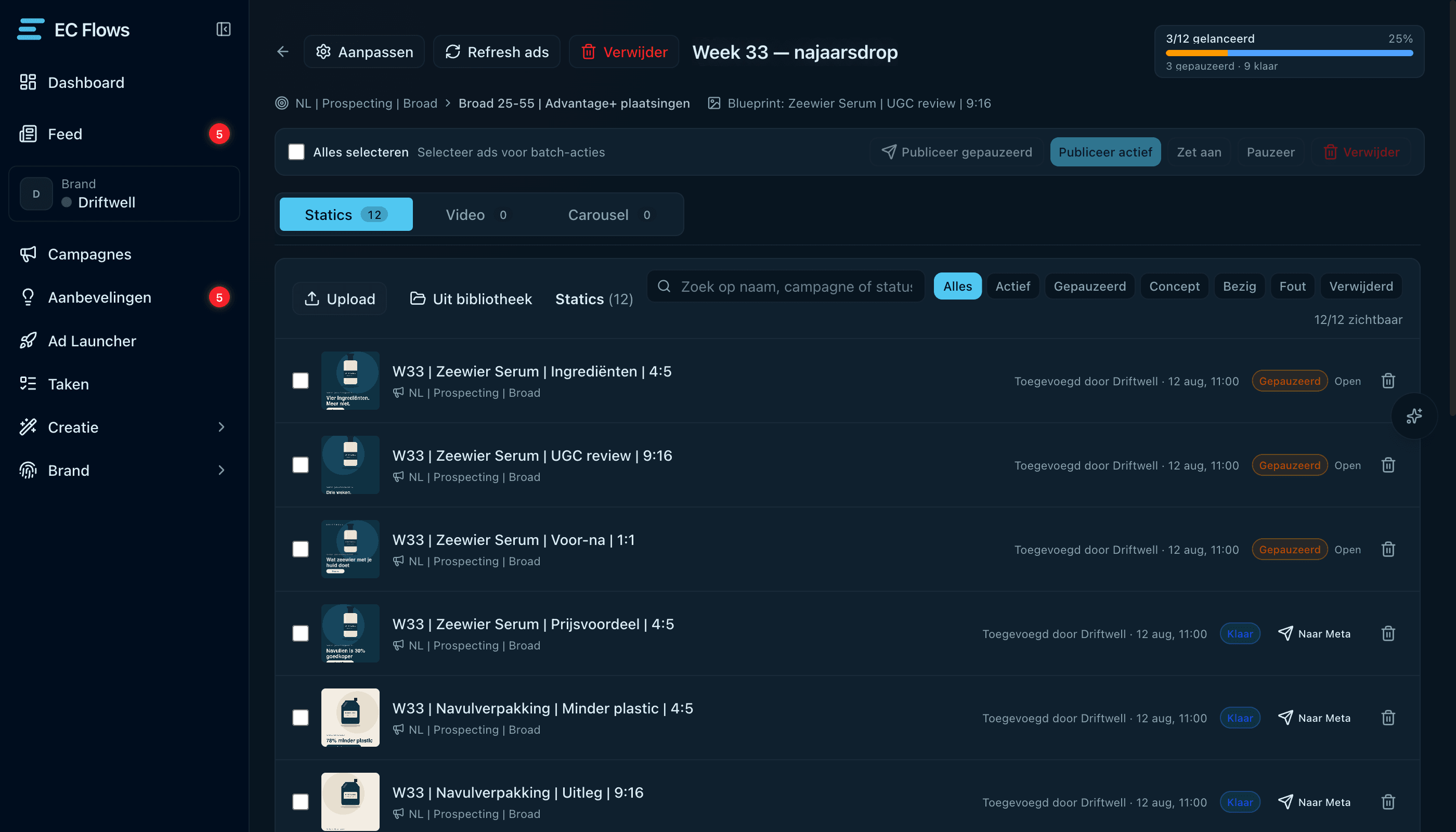 De Ad Launcher met een batch klaargezette advertenties in één launch
